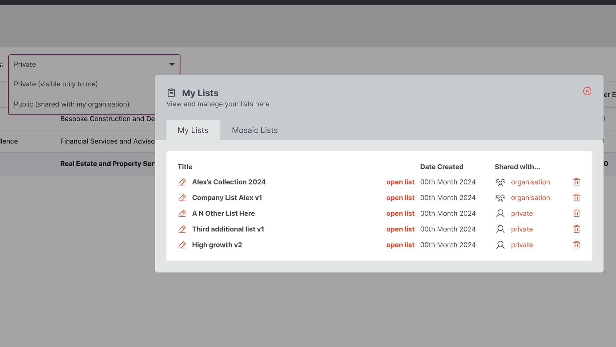Mosaic interface concept for adding businesses to a saved list