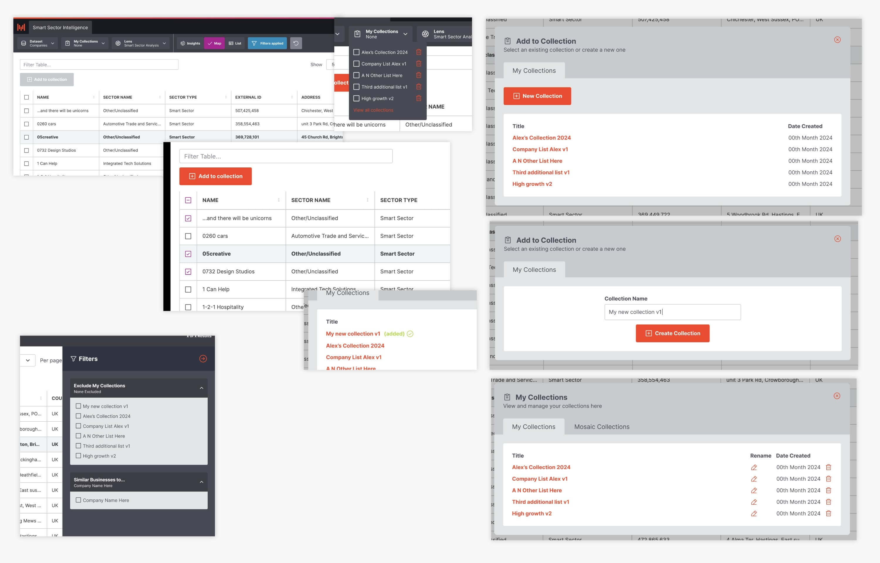 Mosaic interface showing business results, saved lists and collection controls