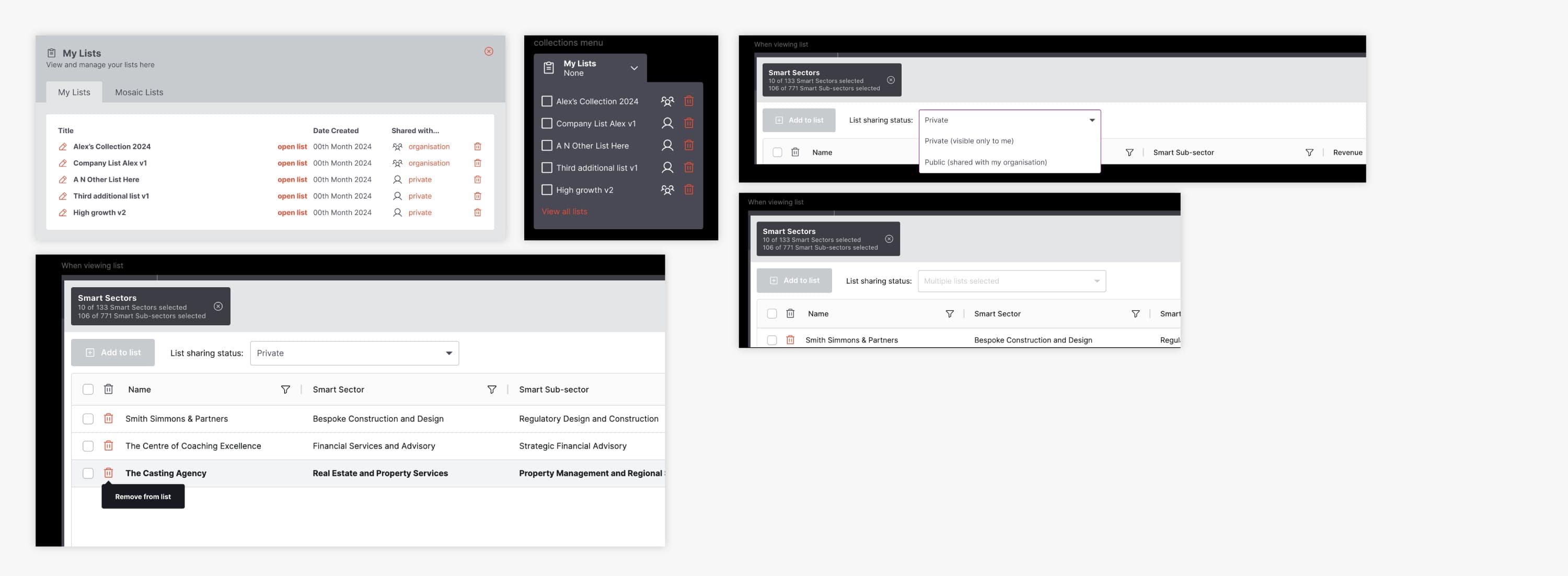 Mosaic list management interface with saved collections and sharing controls