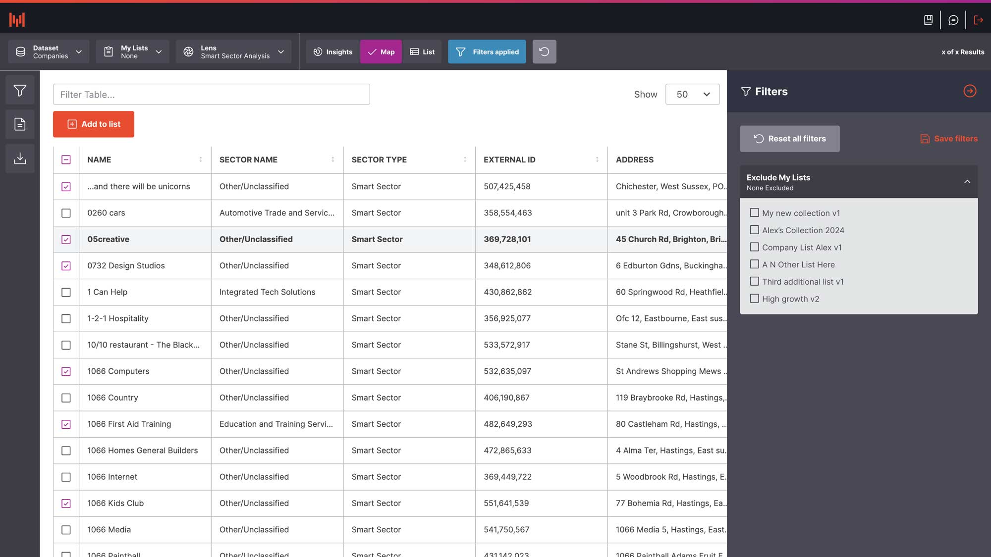 Mosaic interface showing business results, saved lists and collection controls
