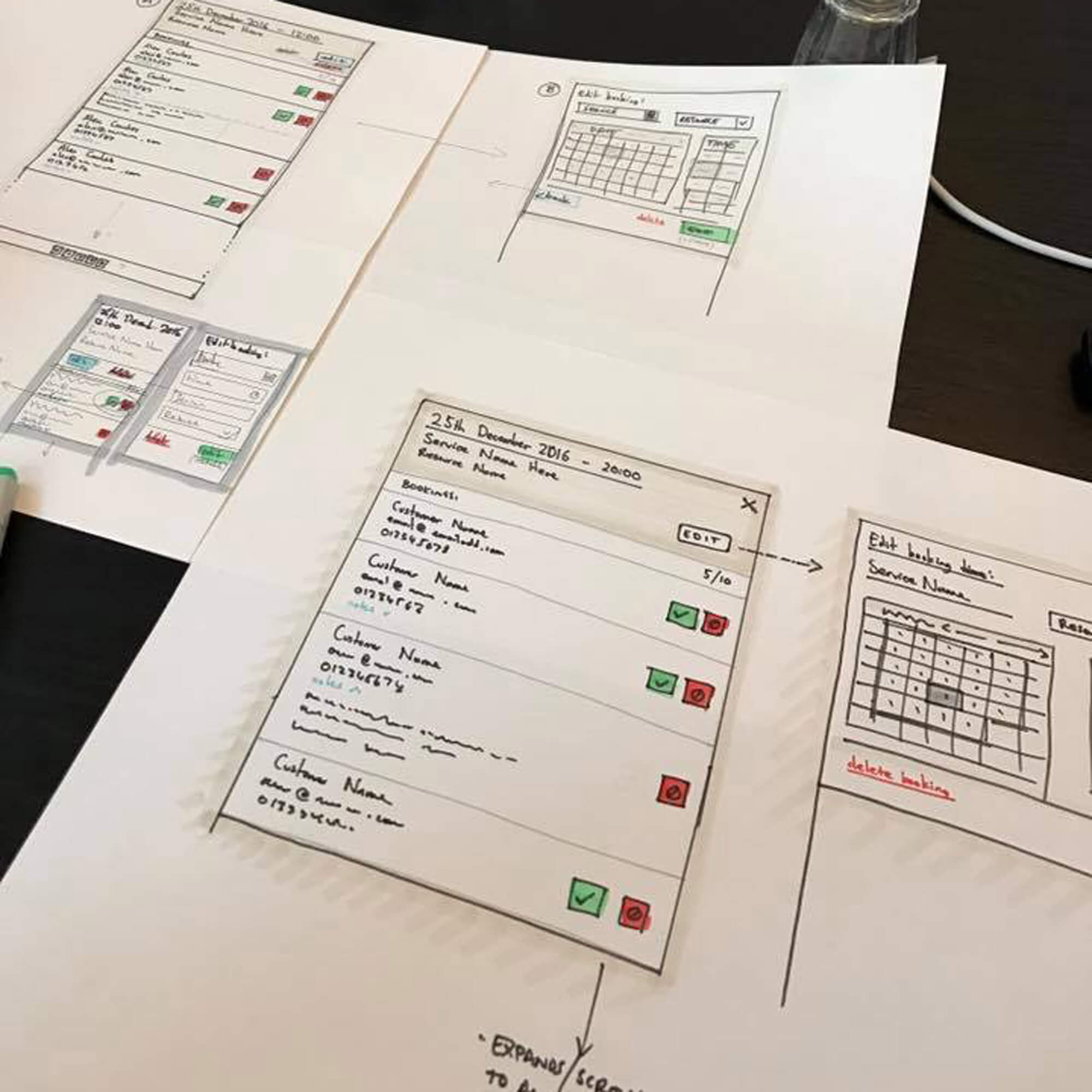 A closer view of hand-drawn interface ideas and notes